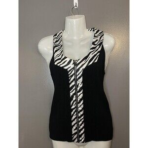 Willi Smith Top Womens Large Black Zebra Print Zip Front Sleeveless Tank